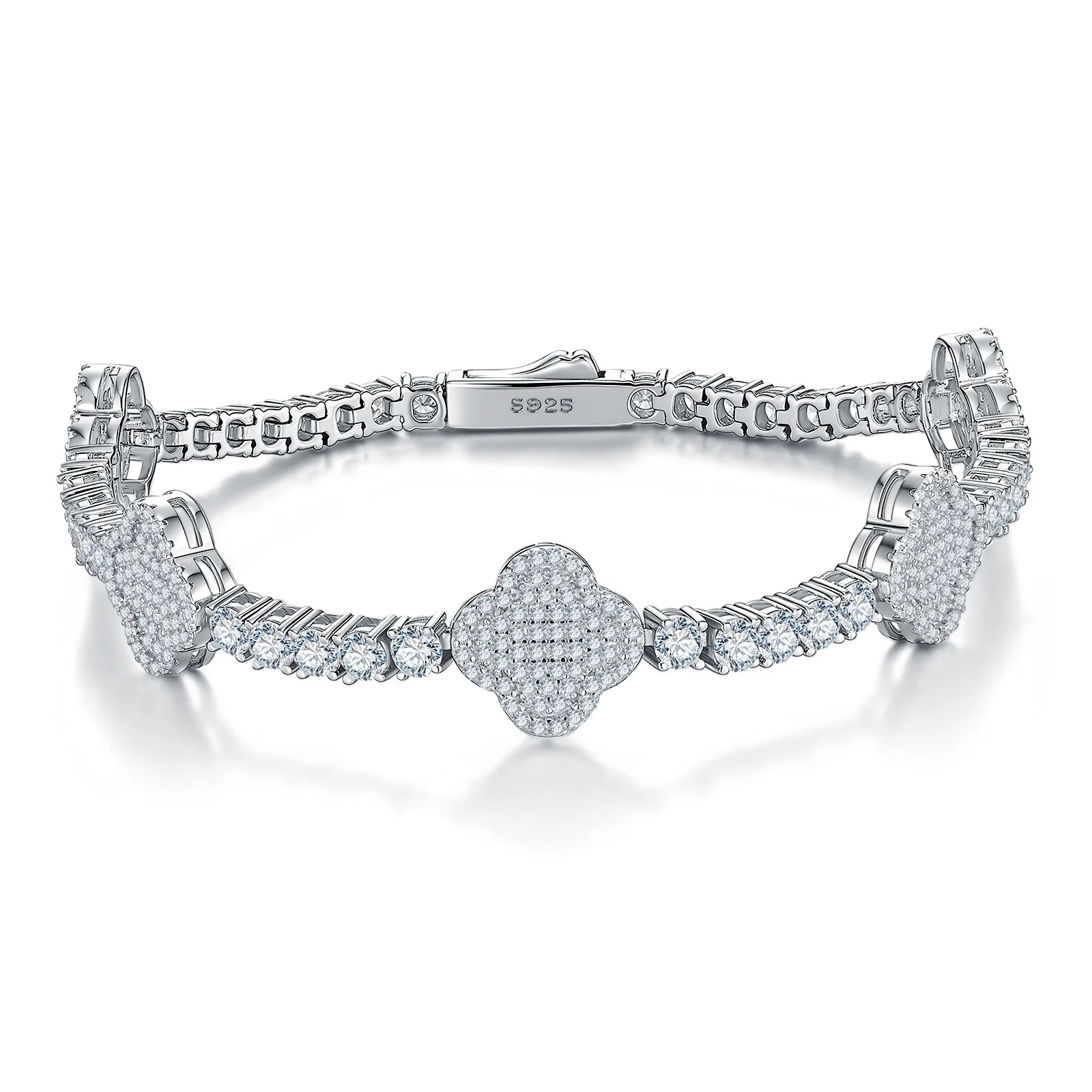 SB0302505 S925 Silver 18K White Gold Moissanite Four-Leaf Clover Full Diamond Tennis Necklace 4.78ct