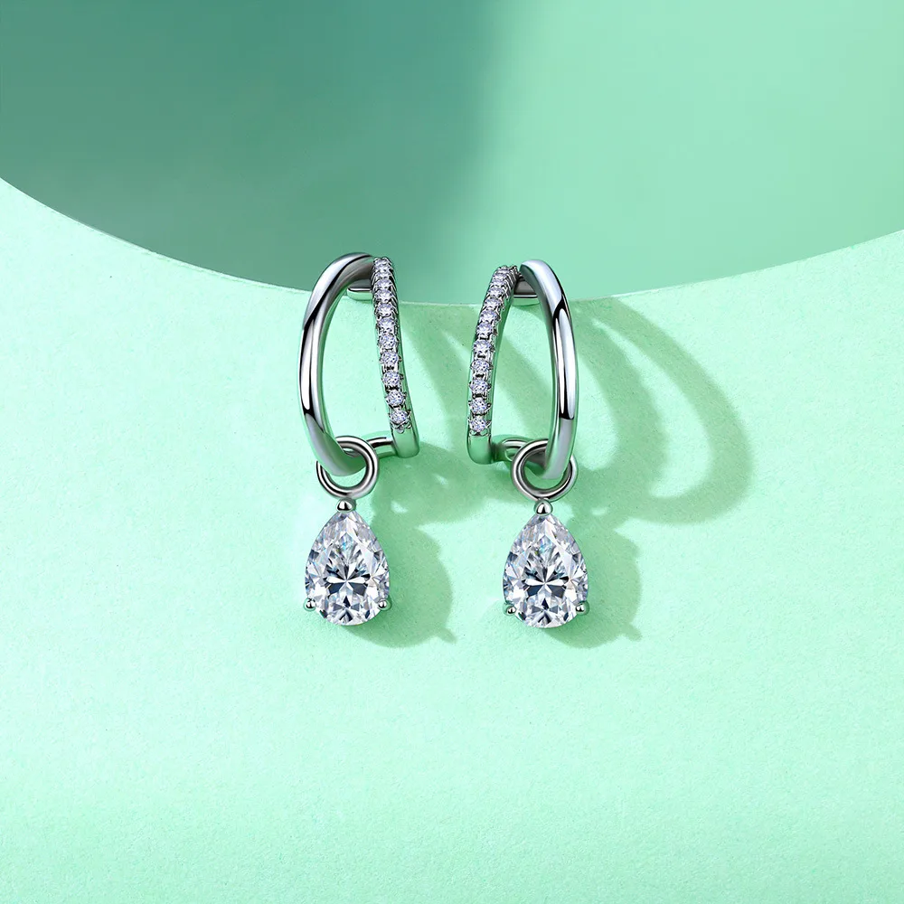 SE0713903 S925 Silver 18K White Gold Teardrop Moissanite Pendant Style Earrings 1.73ct