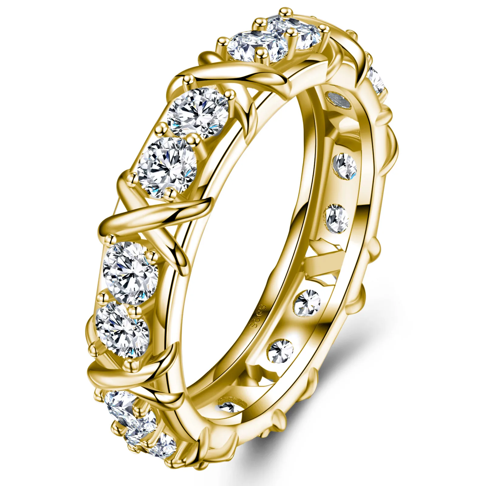 SR0061906 S925 Silver 18K Gold Moissanite X Band Ring Couple Bands 1.6ct