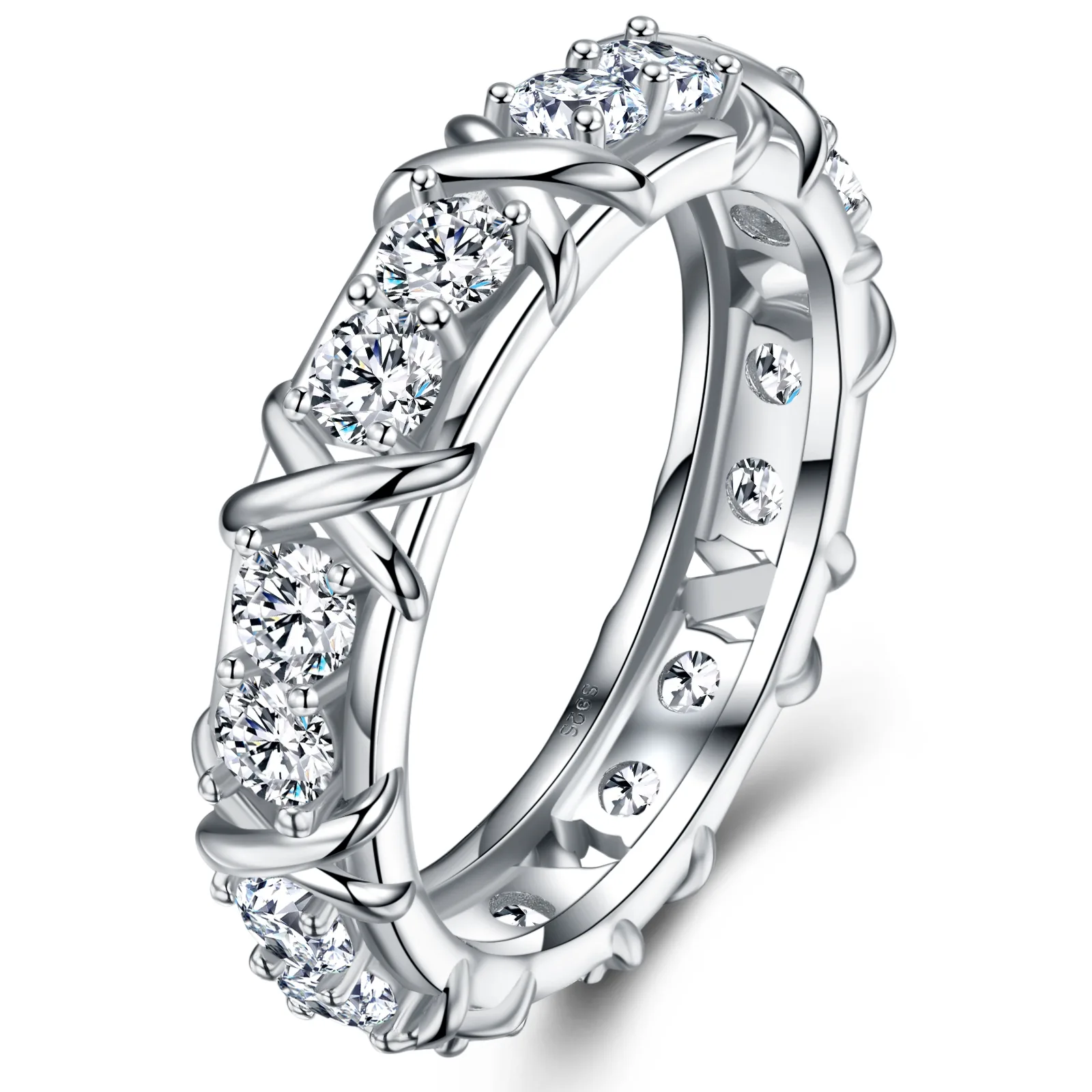SR0061906 S925 Silver 18K Gold Moissanite X Band Ring Couple Bands 1.6ct
