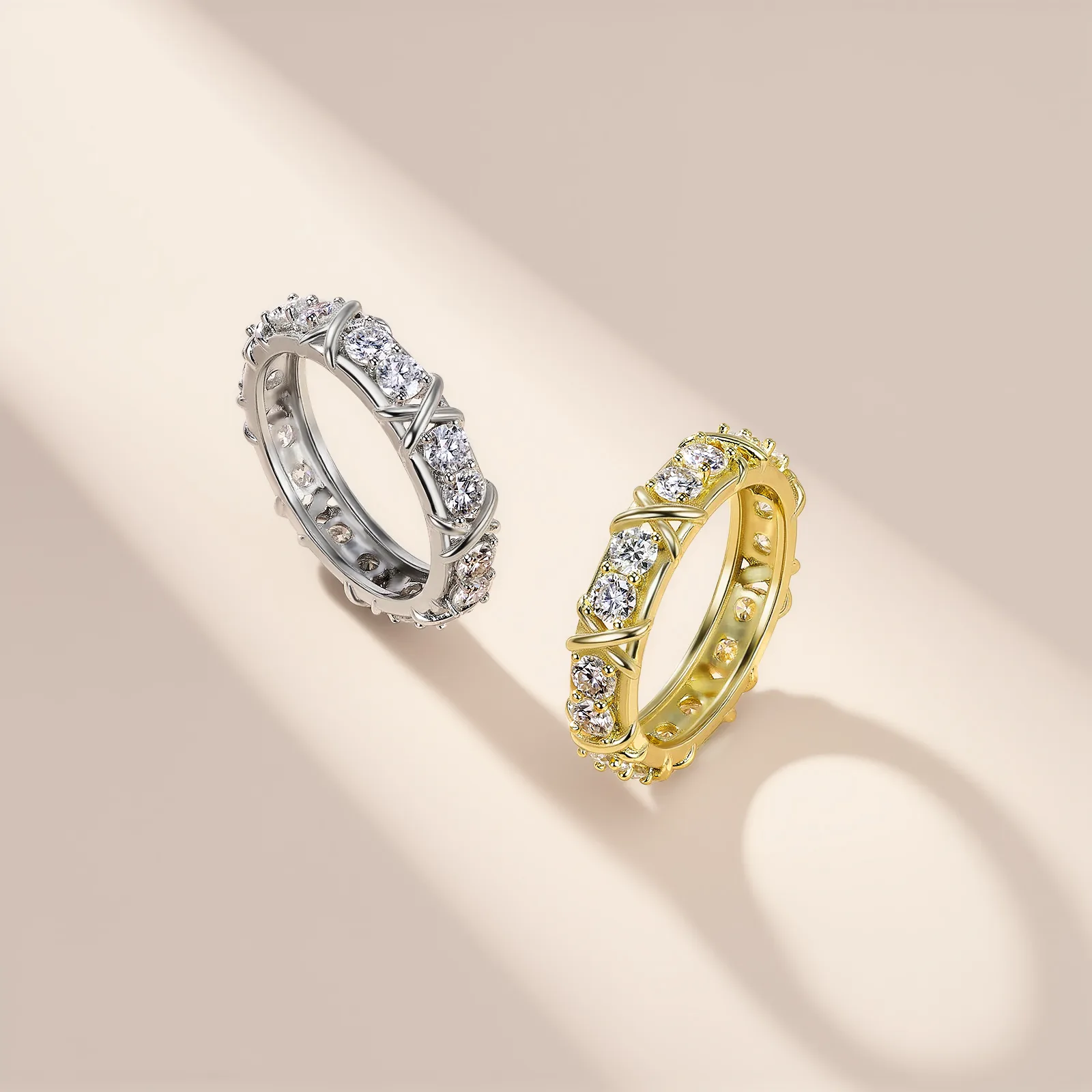 SR0061906 S925 Silver 18K Gold Moissanite X Band Ring Couple Bands 1.6ct