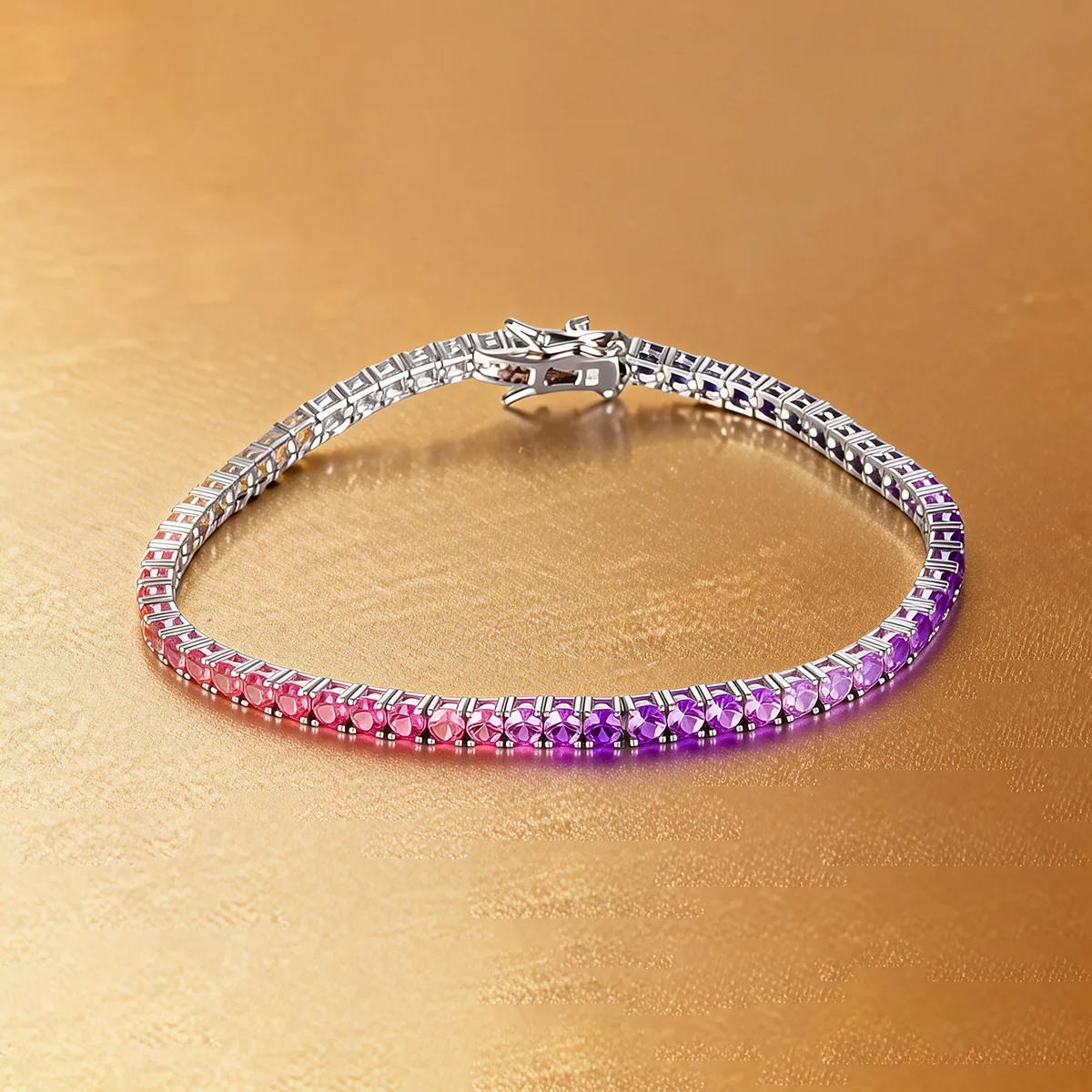 CH03100-2mm Silver 18K White Gold Lab-Grown Gemstone Rainbow Bracelet 2.0mm/ Stones