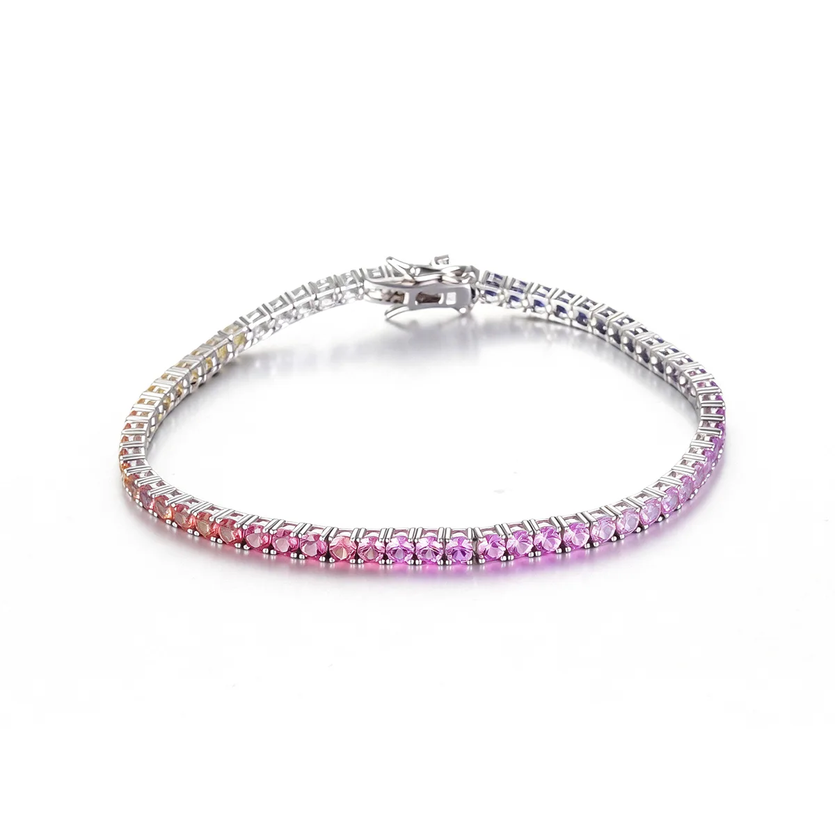 CH03100-2mm Silver 18K White Gold Lab-Grown Gemstone Rainbow Bracelet 2.0mm/ Stones