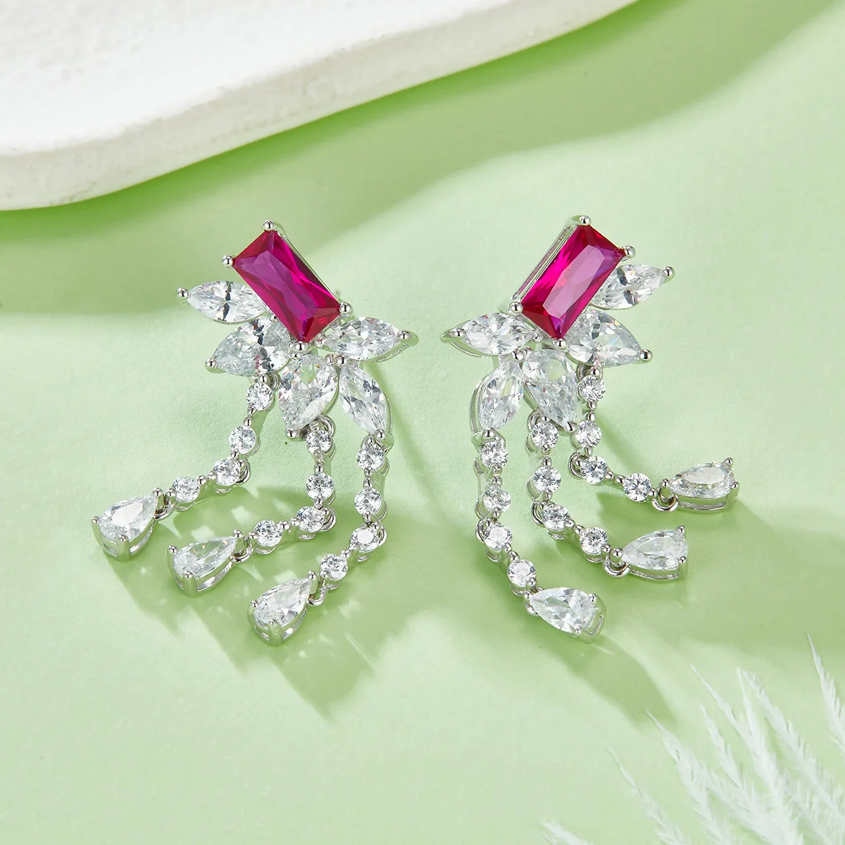 E1445 Rectangle Lab-Grown Ruby S925 White-Gold-Plated Silver Earrings Center Stone 8*4mm