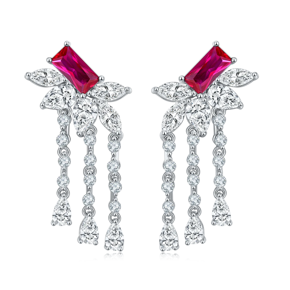 E1445 Rectangle Lab-Grown Ruby S925 White-Gold-Plated Silver Earrings Center Stone 8*4mm