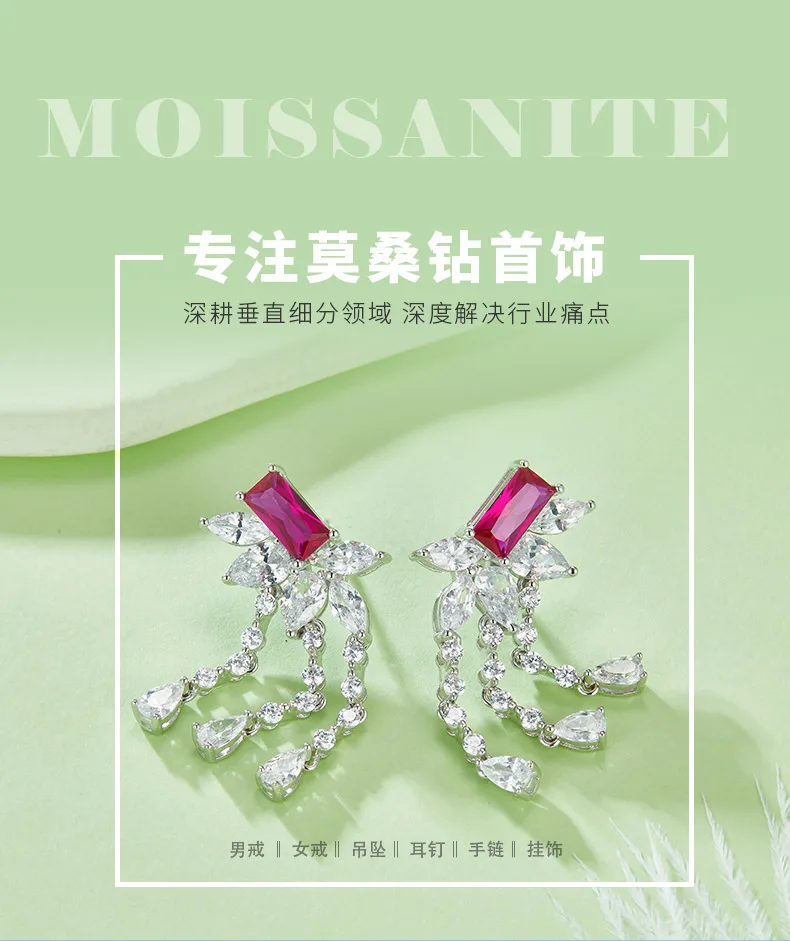 E1445 Rectangle Lab-Grown Ruby S925 White-Gold-Plated Silver Earrings Center Sto