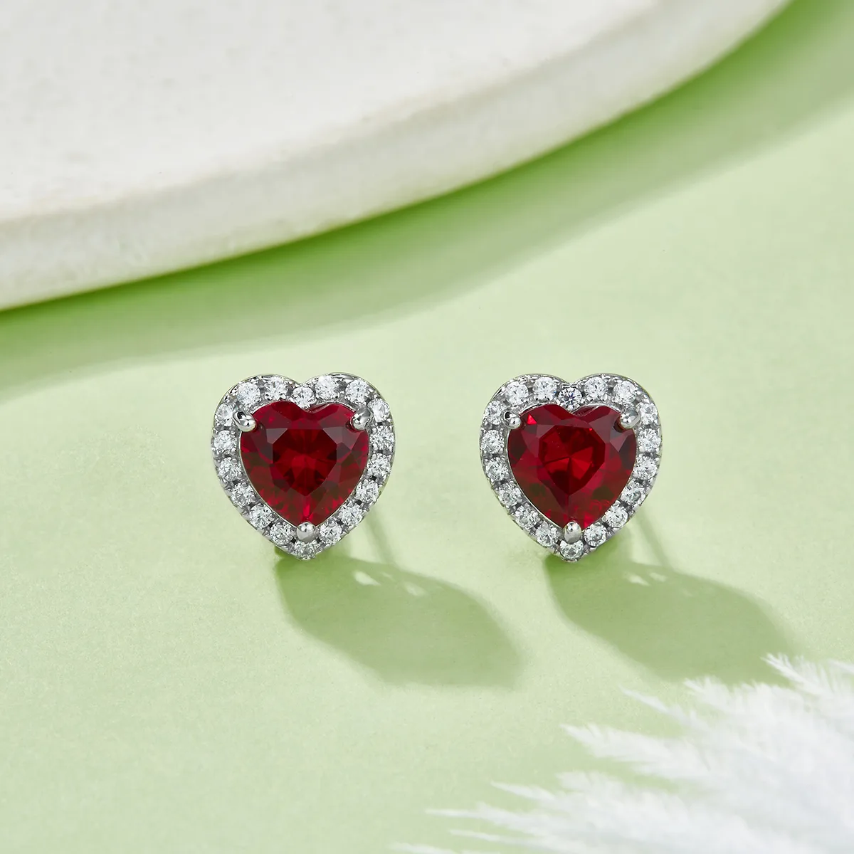 E2027 Silver 18K White Gold Heart Lab-Grown Gemstone Stud Earrings Center Stone 6.0mm