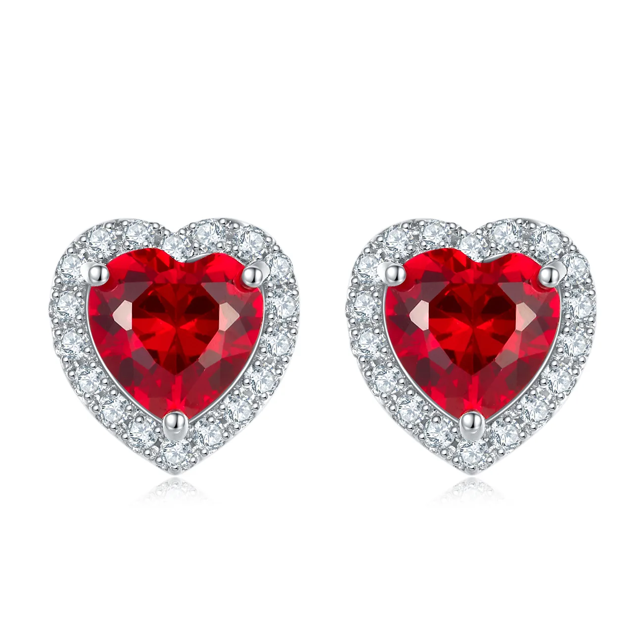 E2027 Silver 18K White Gold Heart Lab-Grown Gemstone Stud Earrings Center Stone 6.0mm