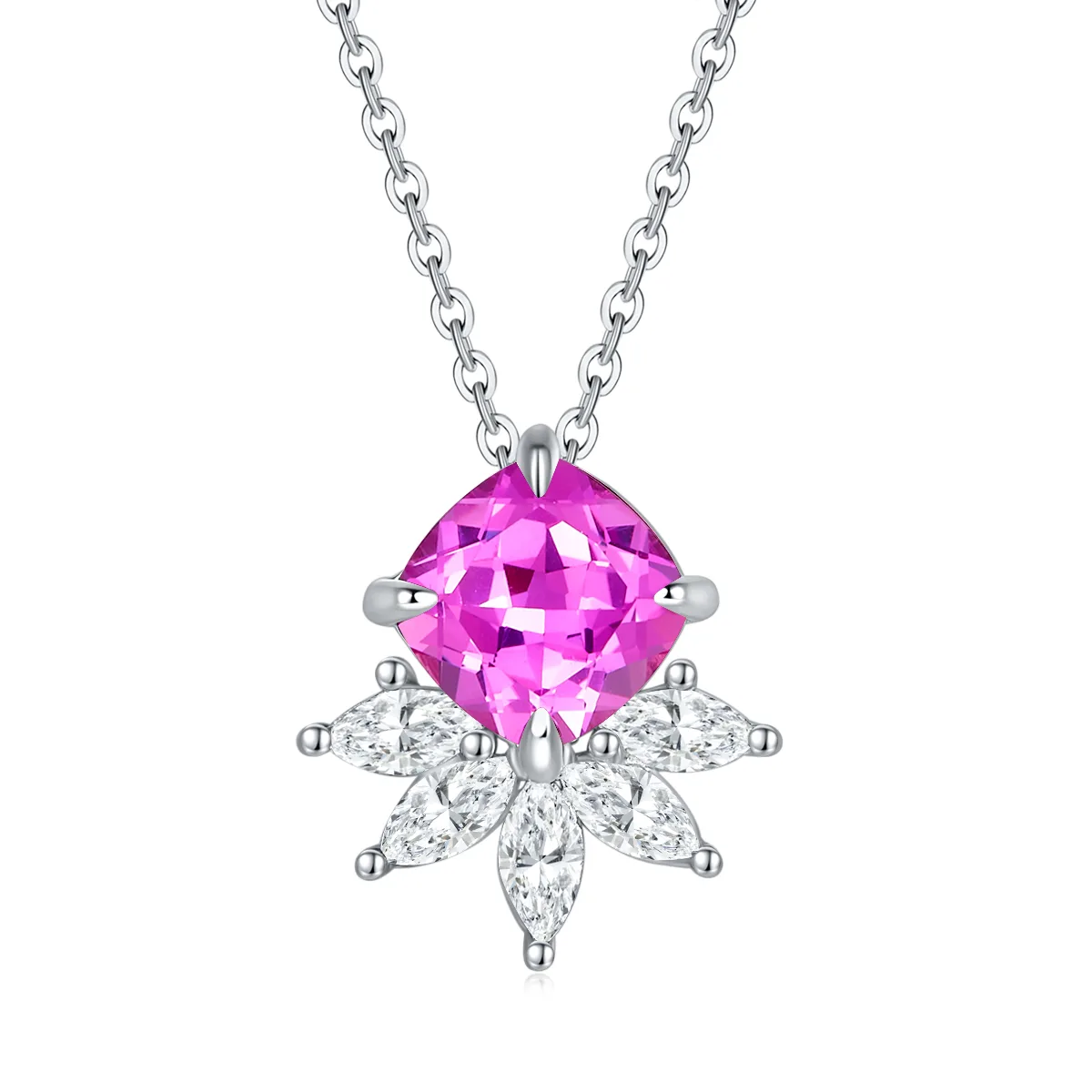 YXP0890 S925 Silver 18K White Gold Cushion Lab-Grown Gemstone Necklace Center Stone 8.0mm
