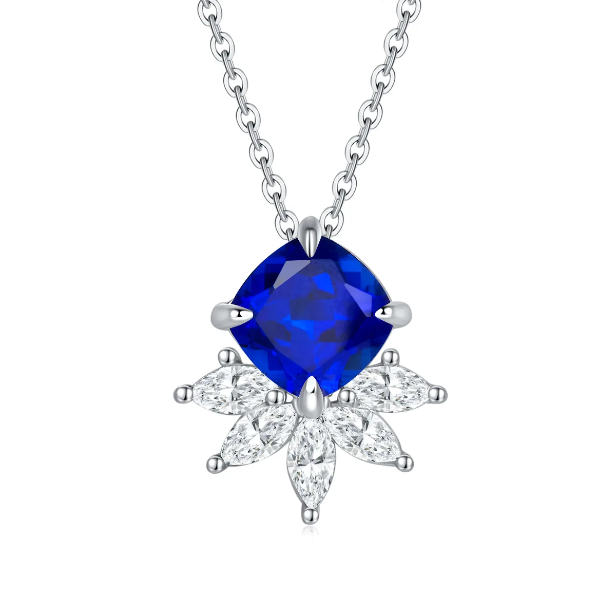 YXP0890 S925 Silver 18K White Gold Cushion Lab-Grown Gemstone Necklace Center Stone 8.0mm