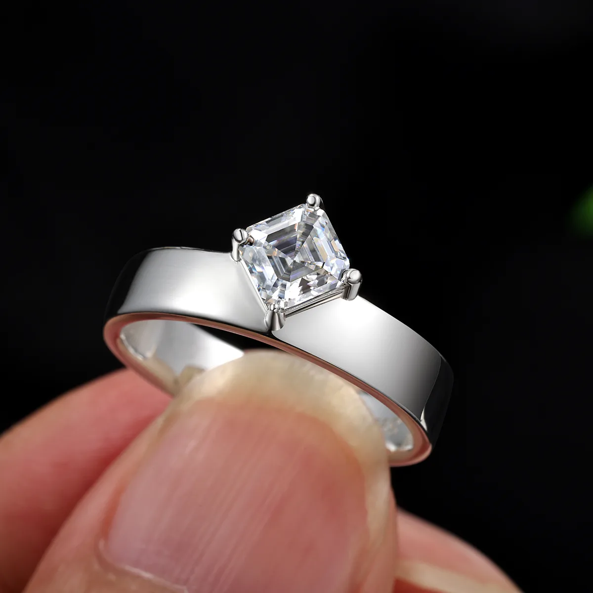 MR0348 S925 Silver 18K White Gold Asscher Moissanite ins Minimalist Wedding Band Center Stone 5mm/0.8ct