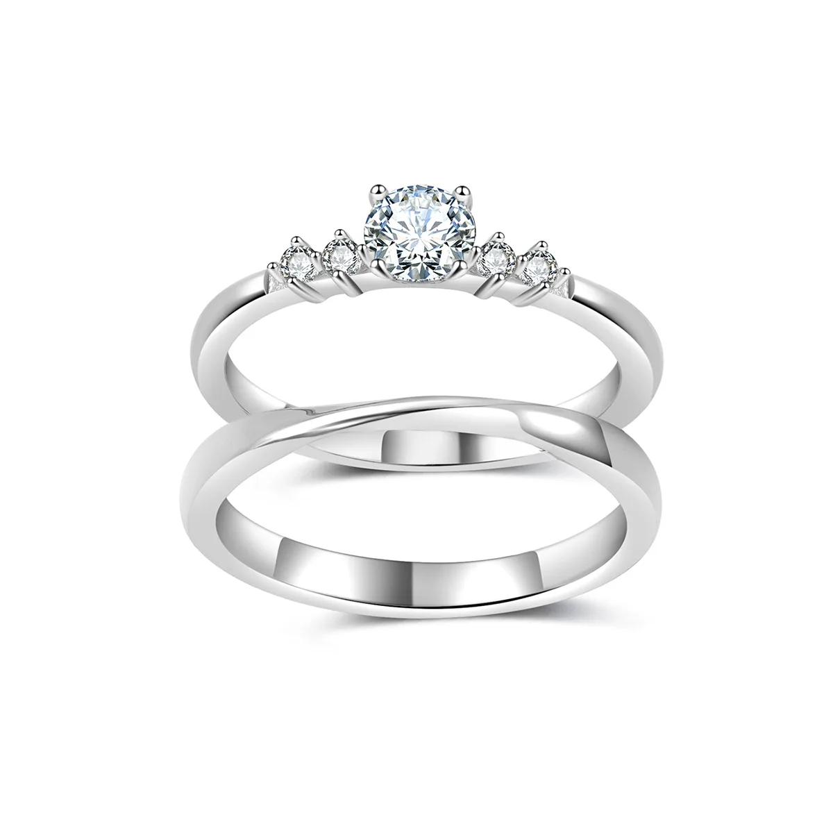 MR0327 S925 Silver 18K White Gold Round Moissanite Delicate Bridal Small Ring Set Center Stone 4.5mm/0.4ct