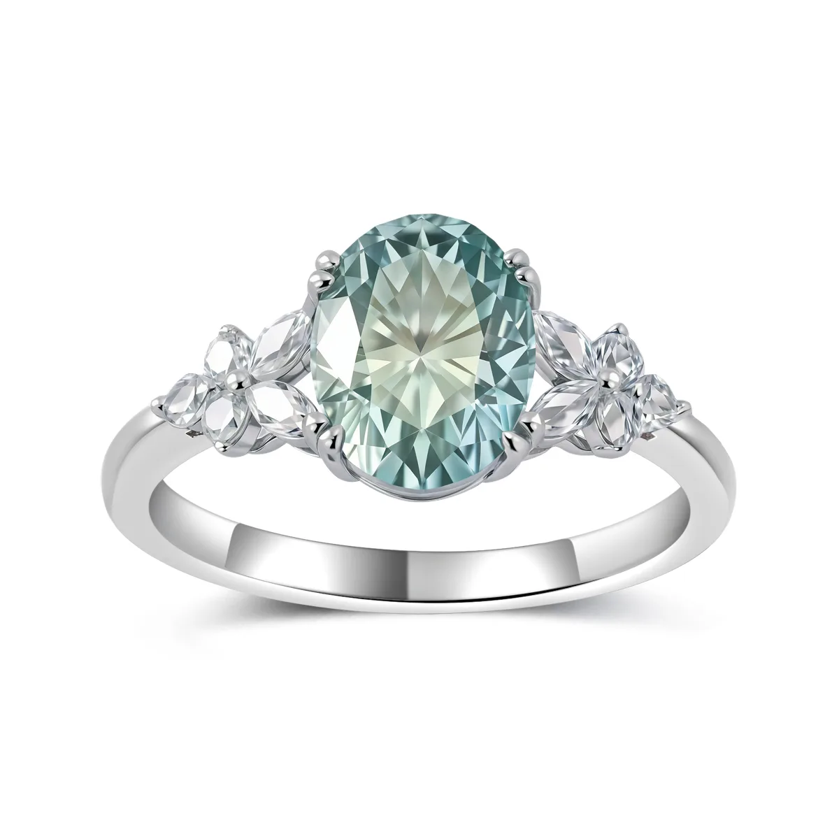 MR0320 S925 Silver 18K White Gold Blue Green Oval Moissanite Small Flower Confession Ring Center Stone 9*7mm/2.0ct