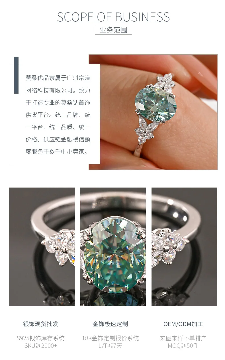 MR0320 S925 Silver 18K White Gold Blue Green Oval Moissanite Small Flower Confes