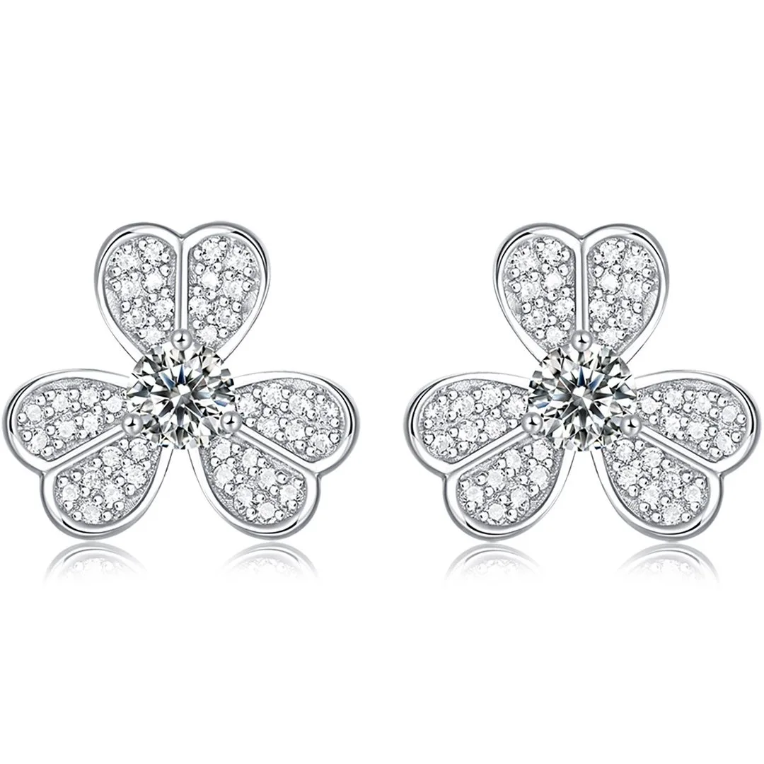 ME0004 S925 Silver 18K Lucky Stud Earrings Moissanite Center Stone 4.0mm/ Stones 0.6ct