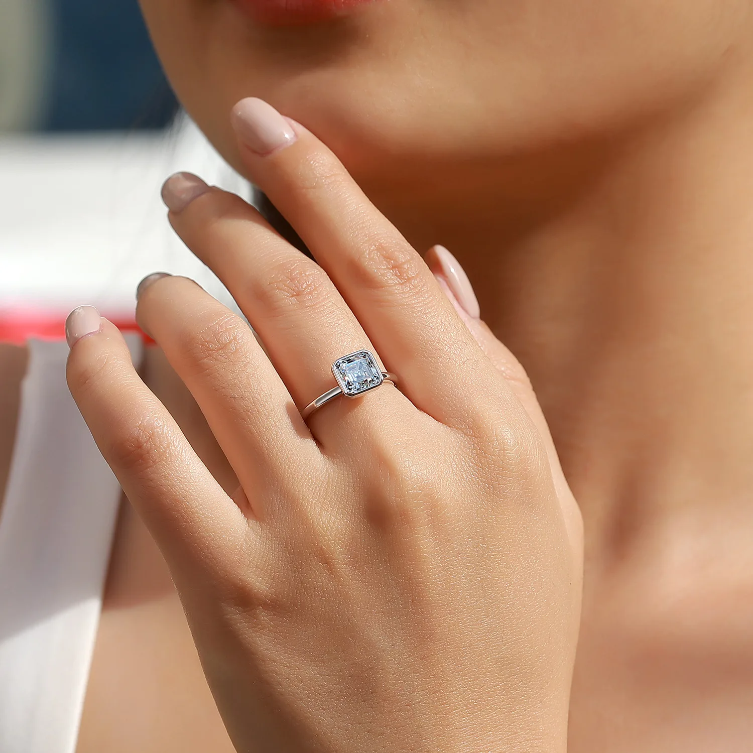 SR0626403 S925 Silver 18K Gold Bezel Asscher Moissanite Confession Ring Women's Ring 8*8mm/2.5ct