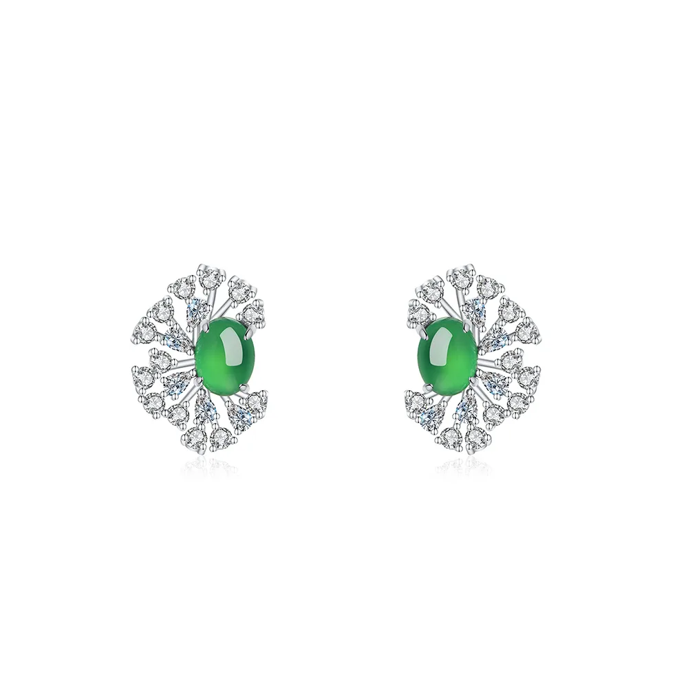 K0992 S925 Silver 18K White Gold Oval Chrysoprase Sparkling Brilliant Earrings 8*6mm
