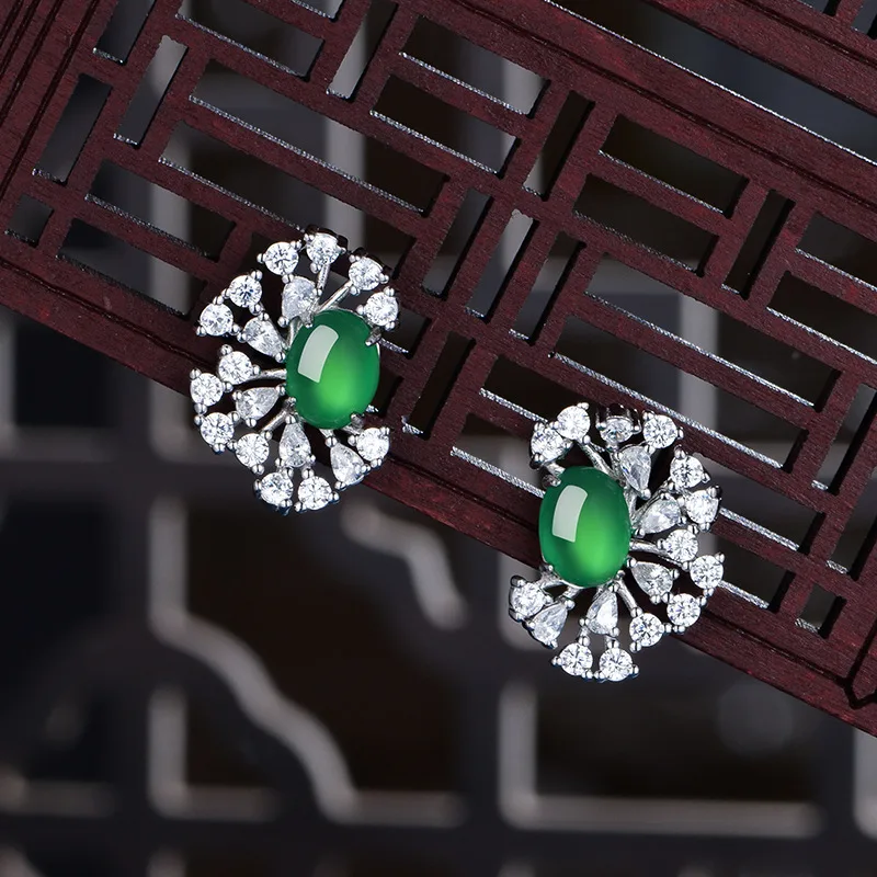 K0992 S925 Silver 18K White Gold Oval Chrysoprase Sparkling Brilliant Earrings 8*6mm