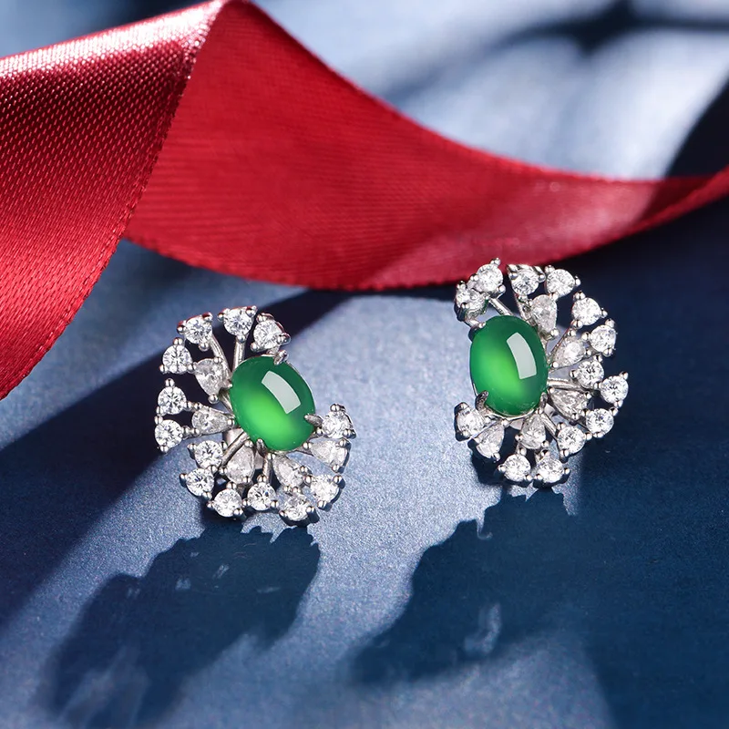 K0992 S925 Silver 18K White Gold Oval Chrysoprase Sparkling Brilliant Earrings 8*6mm