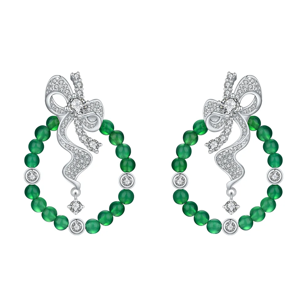 K3556 S925 Silver 18K White Gold Round Chrysoprase Bead Bow Earrings