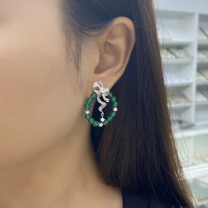 K3556 S925 Silver 18K White Gold Round Chrysoprase Bead Bow Earrings
