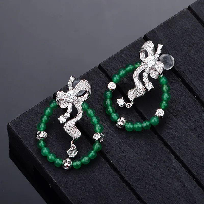 K3556 S925 Silver 18K White Gold Round Chrysoprase Bead Bow Earrings