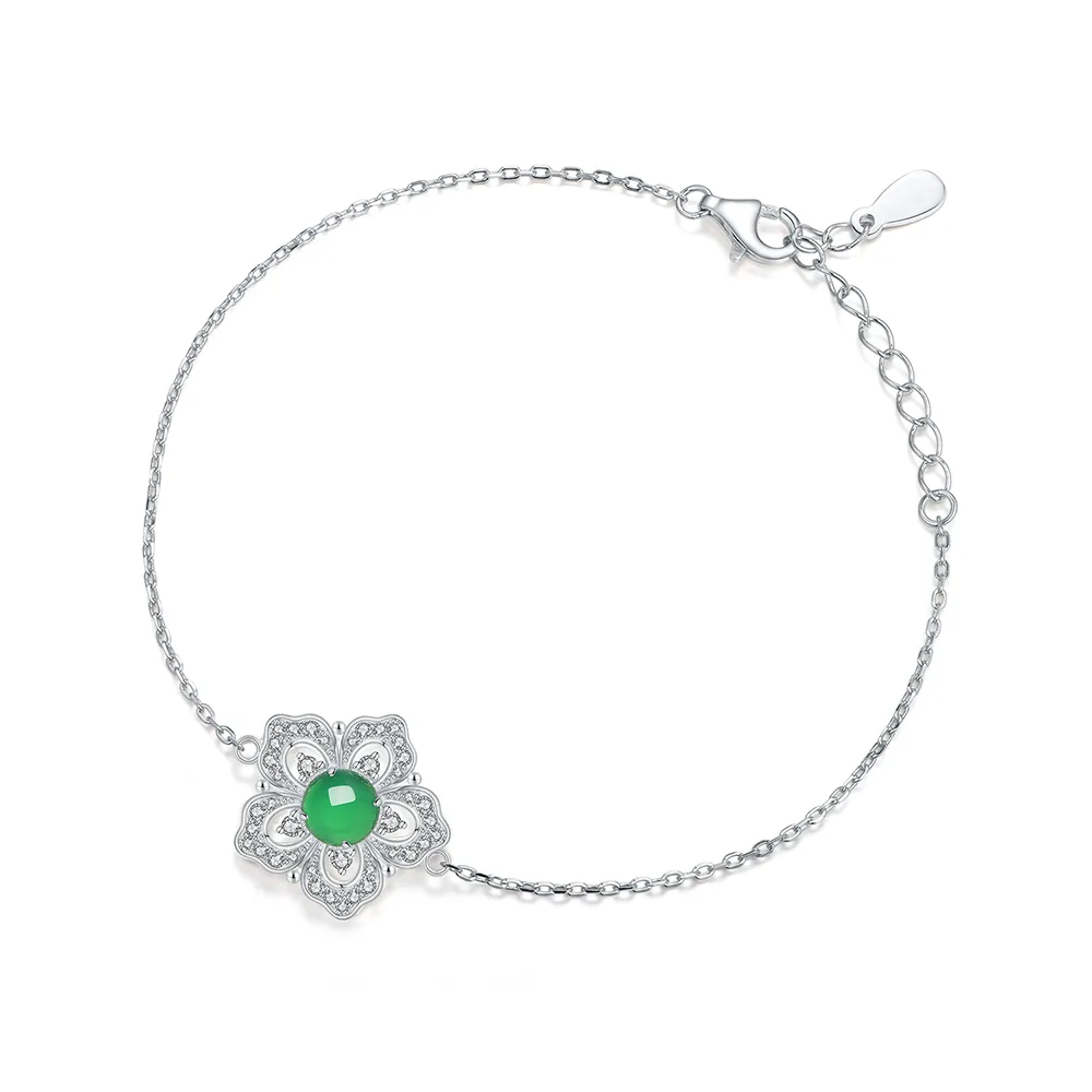 K0904B S925 Silver 18K White Gold Round Chrysoprase Flower Bracelet 6.0mm - KB03U