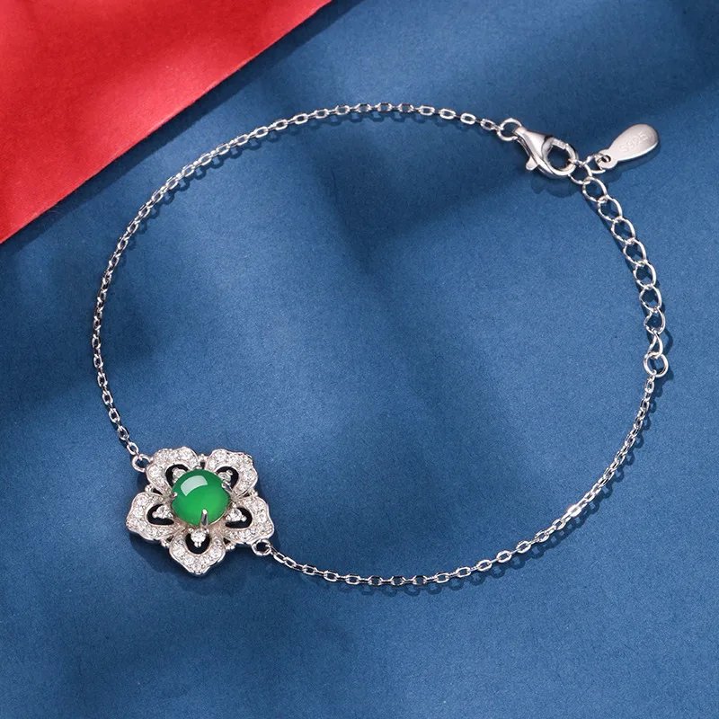 K0904B S925 Silver 18K White Gold Round Chrysoprase Flower Bracelet 6.0mm - KB03U