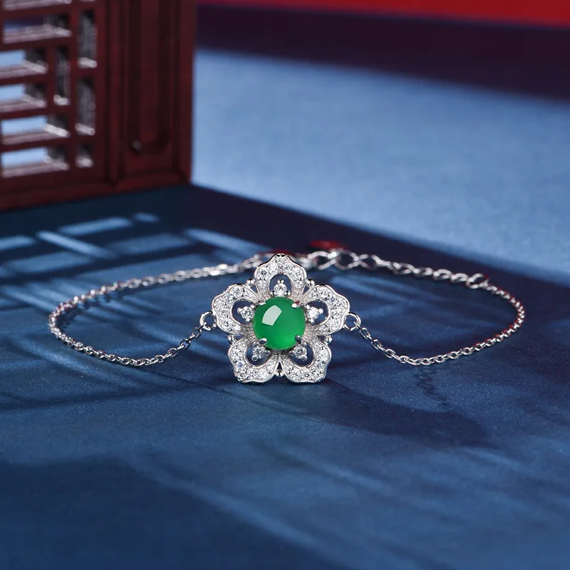 K0904B S925 Silver 18K White Gold Round Chrysoprase Flower Bracelet 6.0mm - KB03U