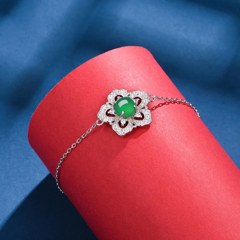 K0904B S925 Silver 18K White Gold Round Chrysoprase Flower Bracelet 6.0mm - KB03U