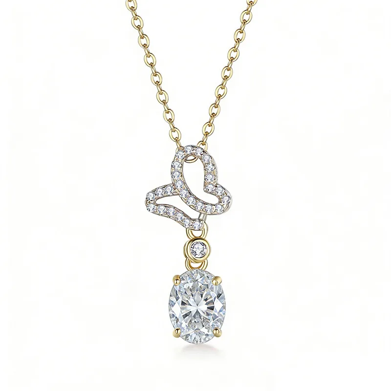 FX39543 S925 Silver 18K Gold Oval Moissanite Necklace Center Stone 8*6mm/1.25ct