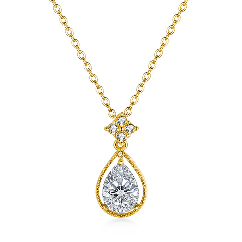 FX39535 S925 Silver 18K Gold Teardrop Moissanite Angel Necklace Center Stone 8*6mm/1.25ct