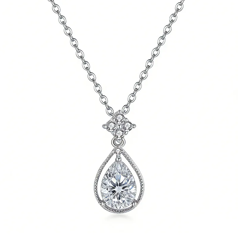 FX39535 S925 Silver 18K Gold Teardrop Moissanite Angel Necklace Center Stone 8*6mm/1.25ct