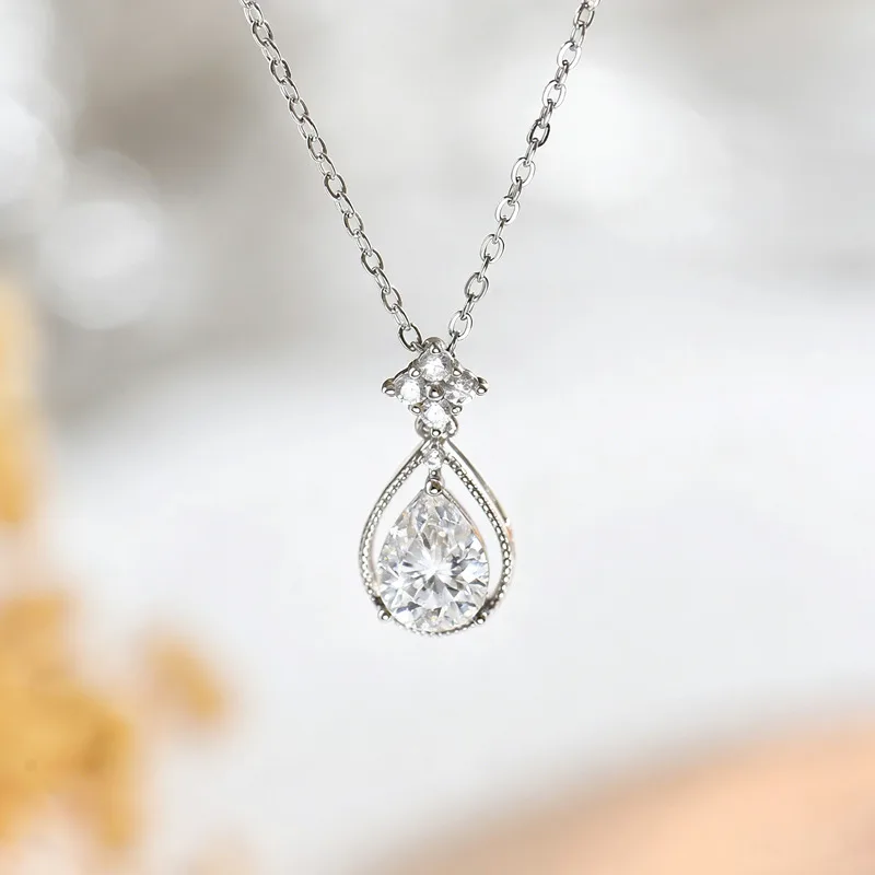FX39535 S925 Silver 18K Gold Teardrop Moissanite Angel Necklace Center Stone 8*6mm/1.25ct