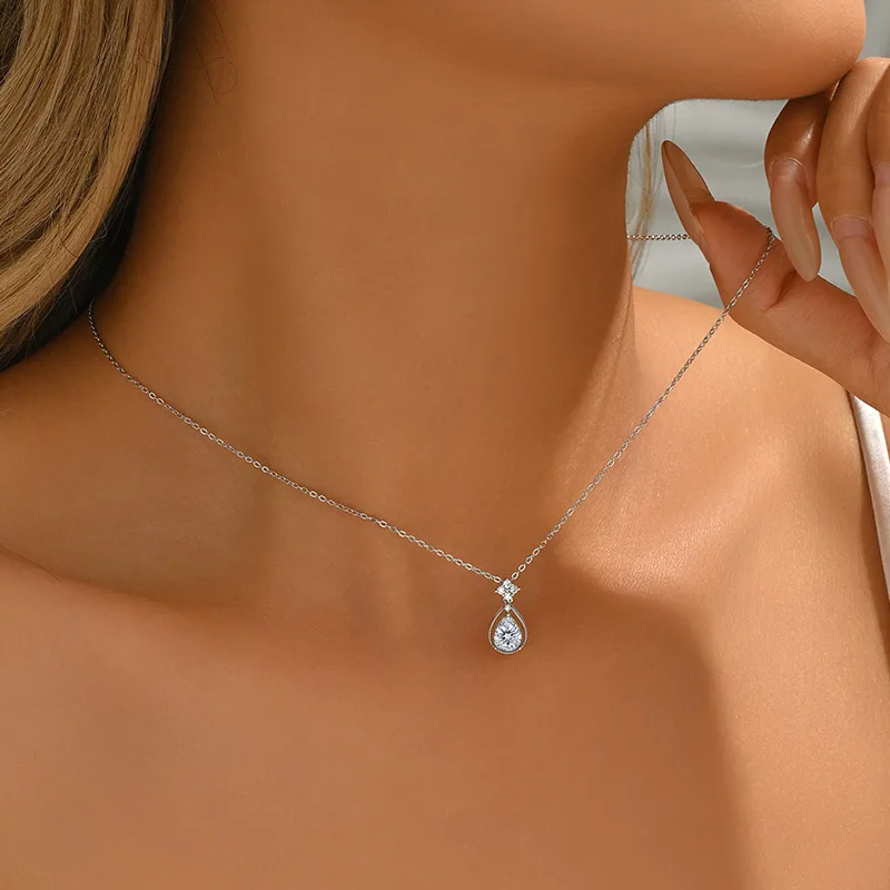 FX39535 S925 Silver 18K Gold Teardrop Moissanite Angel Necklace Center Stone 8*6mm/1.25ct