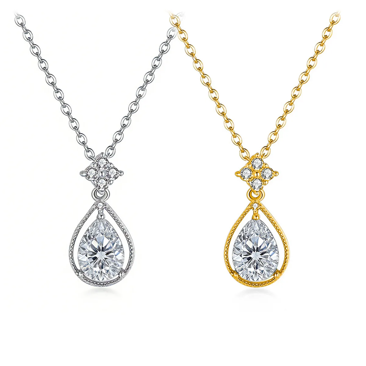 FX39535 S925 Silver 18K Gold Teardrop Moissanite Angel Necklace Center Stone 8*6mm/1.25ct