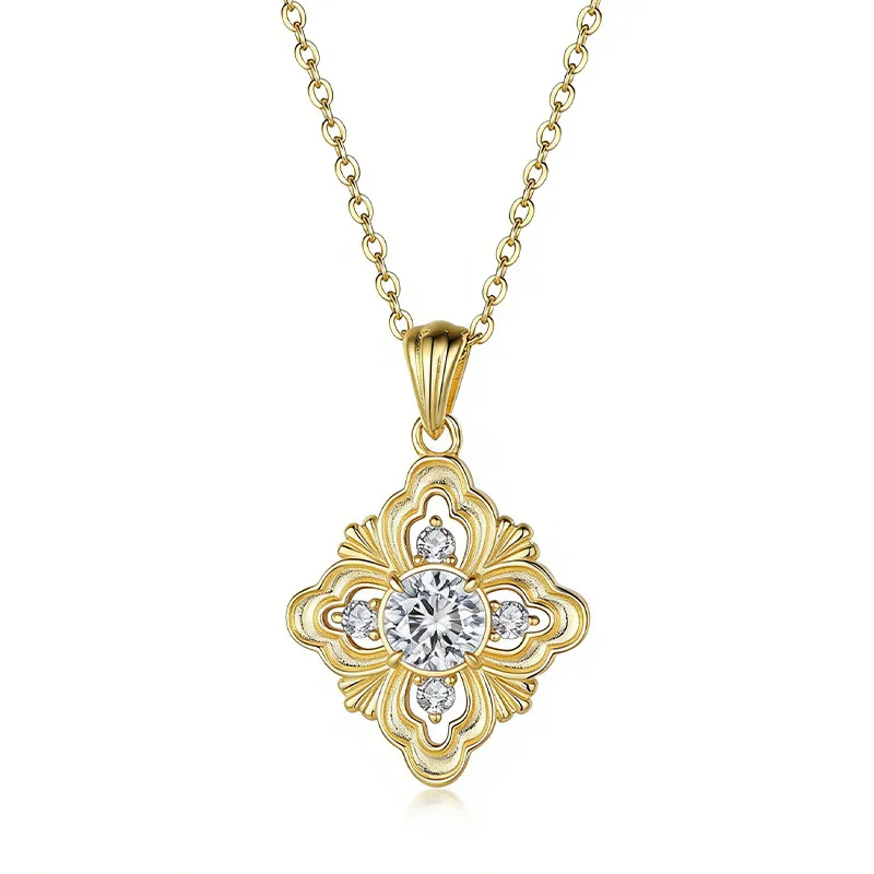 FX39623 S925 Silver 18K Gold Round Moissanite Four-Leaf Flower Necklace 1.4ct