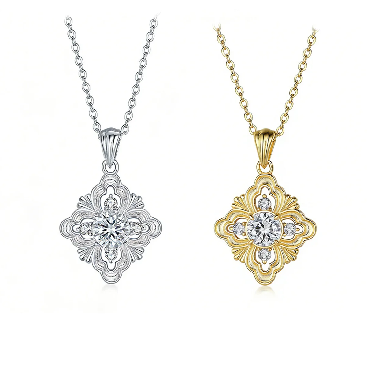 FX39623 S925 Silver 18K Gold Round Moissanite Four-Leaf Flower Necklace 1.4ct