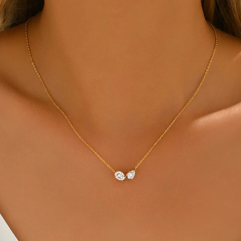FX39622 S925 Silver 18K Gold Two-Stone Moissanite Together Necklace 2.3ct