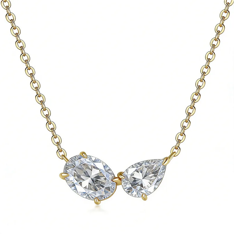 FX39622 S925 Silver 18K Gold Two-Stone Moissanite Together Necklace 2.3ct
