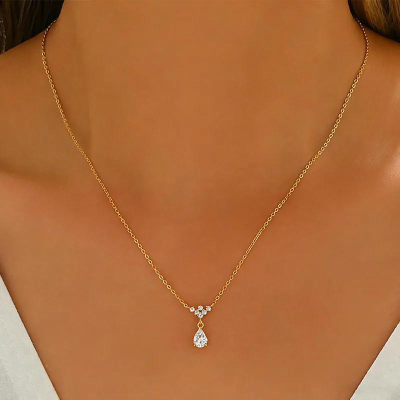 FX39625 S925 Silver 18K Gold Teardrop Moissanite Eternal Necklace Center Stone 5*7mm/0.8ct