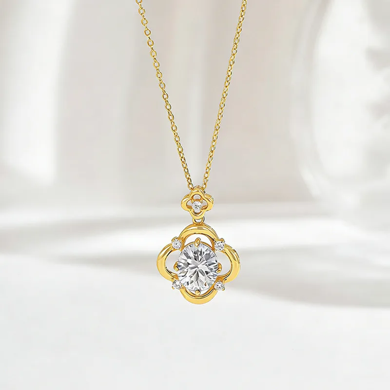 FX39619 S925 Silver 18K Gold Oval Moissanite Four-Leaf Flower Necklace Center Stone 10*8mm/3.0ct