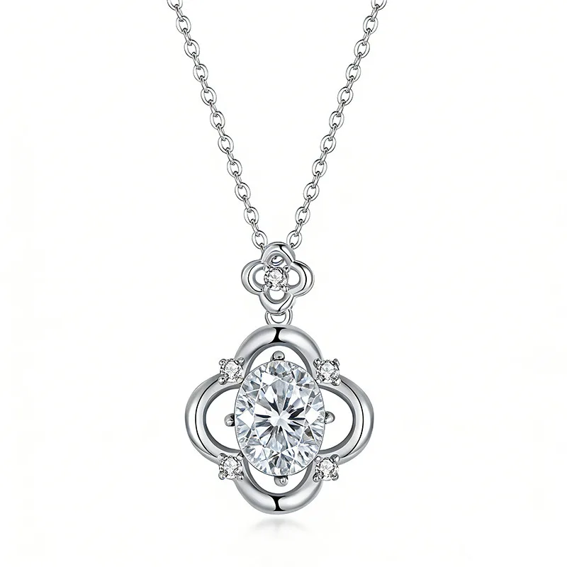 FX39619 S925 Silver 18K Gold Oval Moissanite Four-Leaf Flower Necklace Center Stone 10*8mm/3.0ct