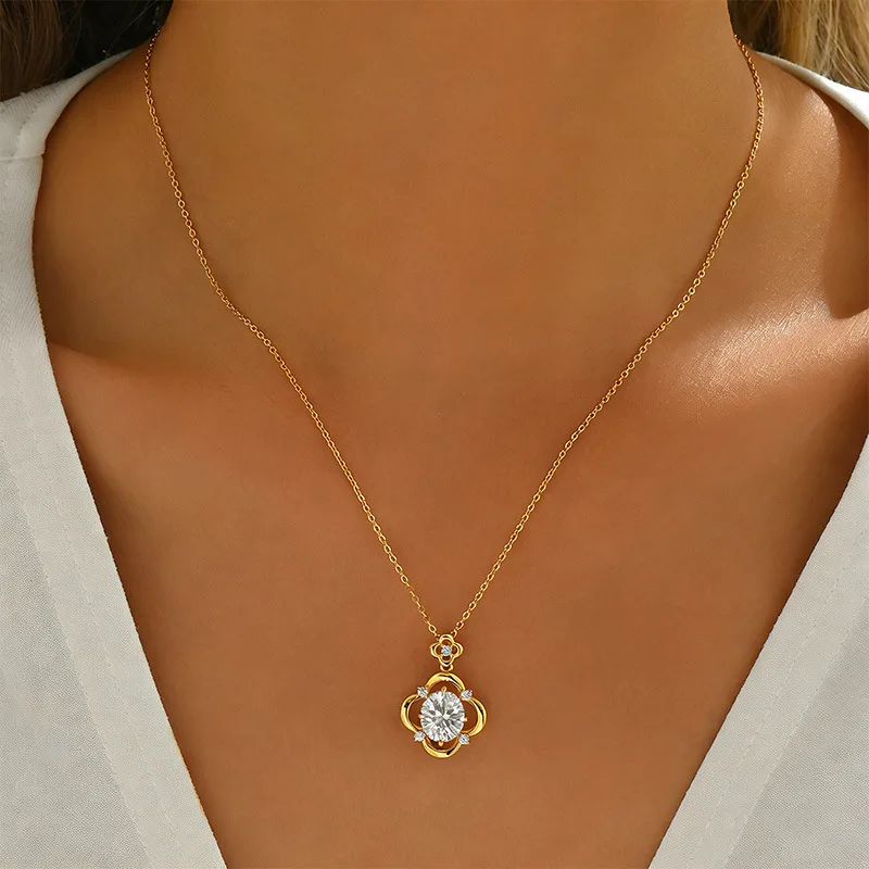 FX39619 S925 Silver 18K Gold Oval Moissanite Four-Leaf Flower Necklace Center Stone 10*8mm/3.0ct