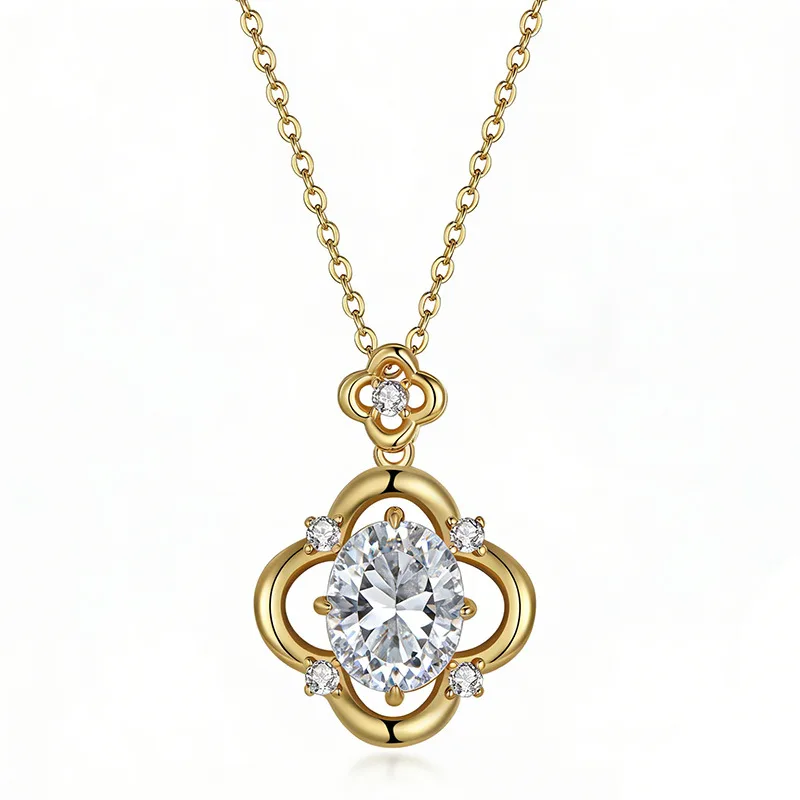 FX39619 S925 Silver 18K Gold Oval Moissanite Four-Leaf Flower Necklace Center Stone 10*8mm/3.0ct
