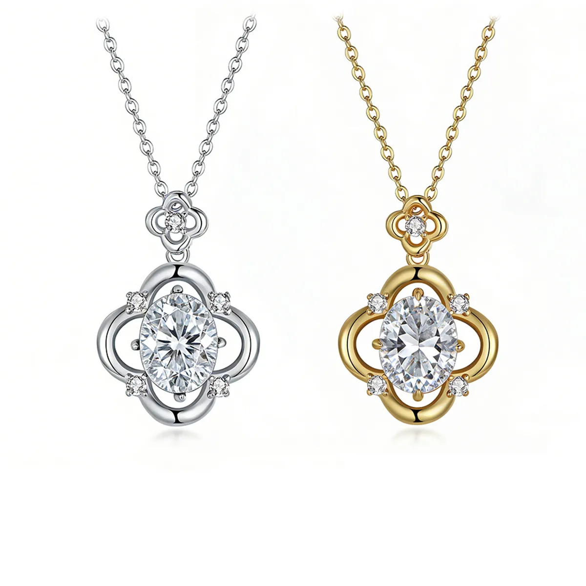 FX39619 S925 Silver 18K Gold Oval Moissanite Four-Leaf Flower Necklace Center Stone 10*8mm/3.0ct