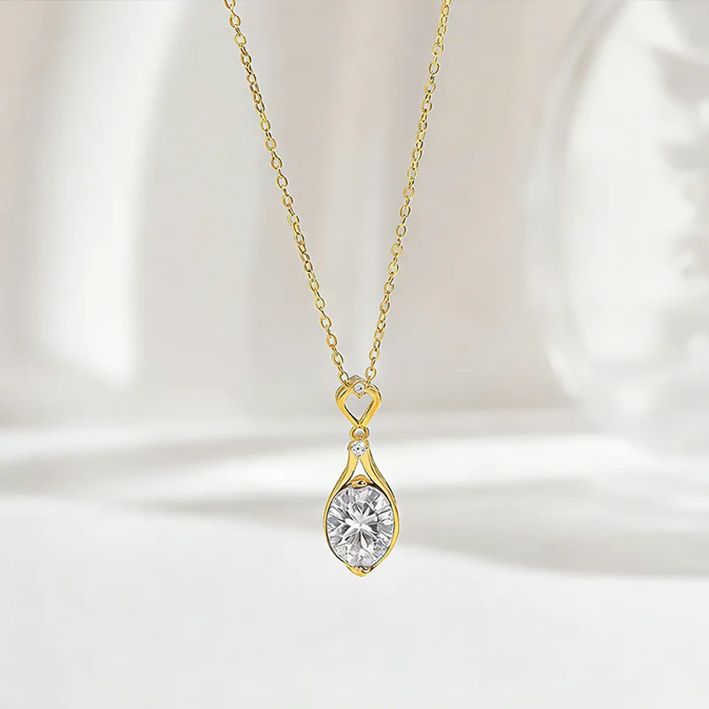 FX39612 S925 Silver 18K Gold Oval Moissanite Light Luxury Necklace Center Stone 10*8mm/3.0ct