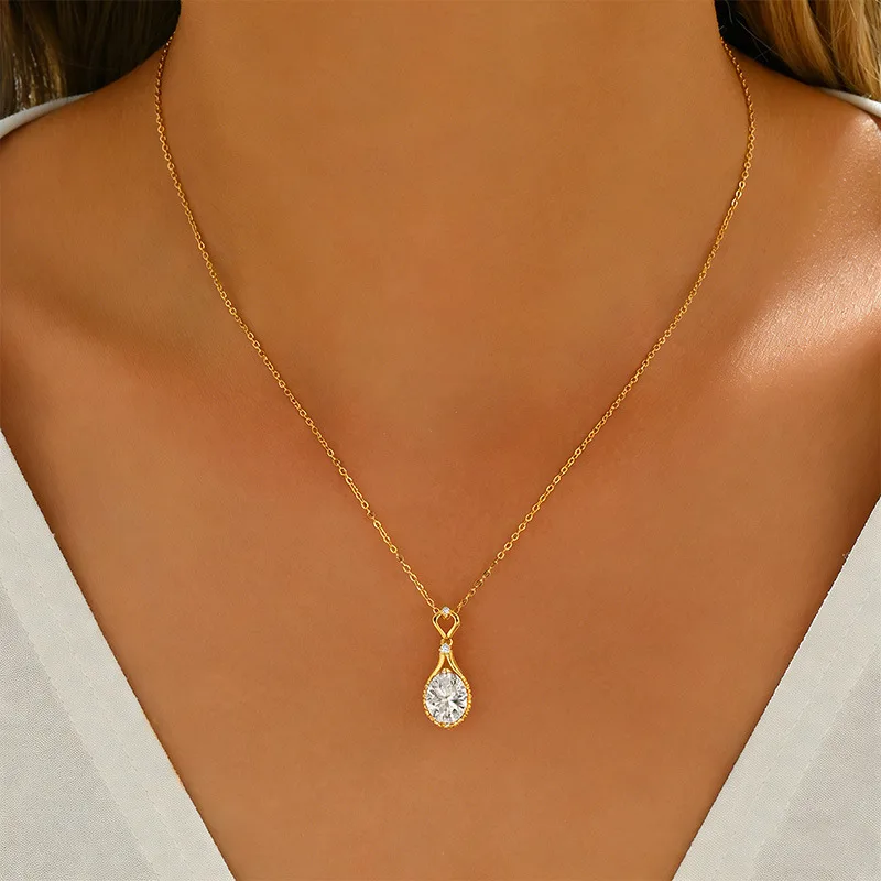 FX39612 S925 Silver 18K Gold Oval Moissanite Light Luxury Necklace Center Stone 10*8mm/3.0ct