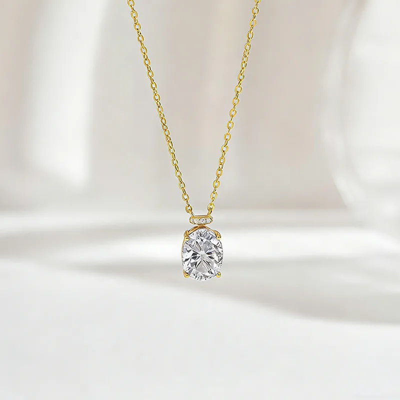 FX39552 S925 Silver 18K Gold Oval Moissanite Necklace Center Stone 10*8mm/3.0ct