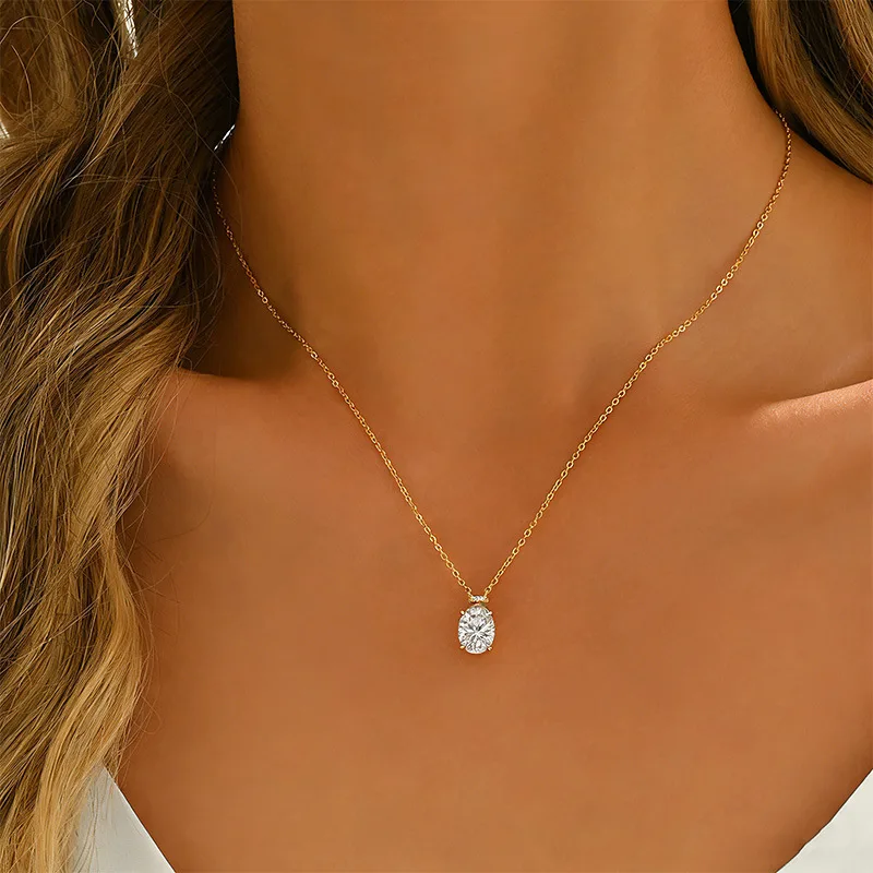 FX39552 S925 Silver 18K Gold Oval Moissanite Necklace Center Stone 10*8mm/3.0ct